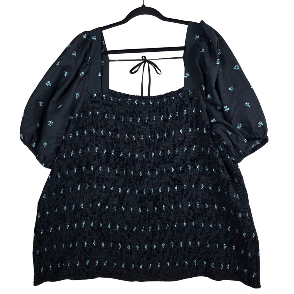 Ava & Viv Smocked Top Women 4X Black Floral Puff Sleeve Square Neck